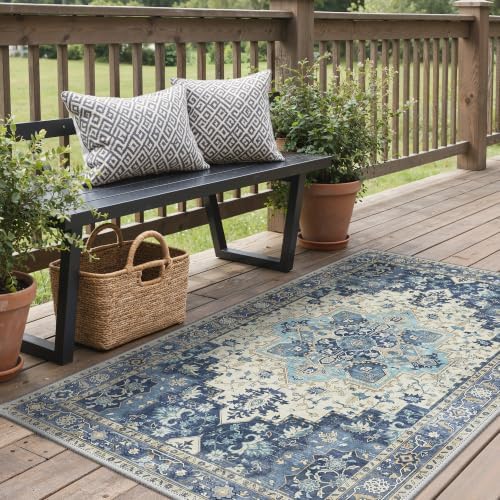 GENIMO Indoor Outdoor Rug, Washable for Patio and Deck, Navy Ivory, 3x5 - Image 4