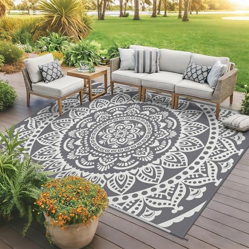 Bsmathom Waterproof Outdoor Rug 6'x9' Reversible Boho Plastic Straw Patio Deck Camping Rugs, Indoor Outdoor Portable RV Mat Clearance Carpet for Outside, Porch, Balcony, Backyard, Beach, Pool,Grey - Image 2