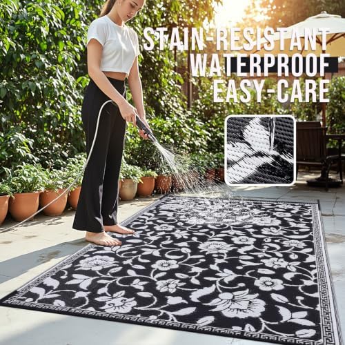 OLANLY Outdoor Rug 9x12 ft Waterproof Reversible Floral Mat, Black & White - Image 3
