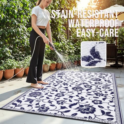 OLANLY Outdoor Rug 5x8 ft Waterproof Reversible Floral Mat, Navy & White - Image 3