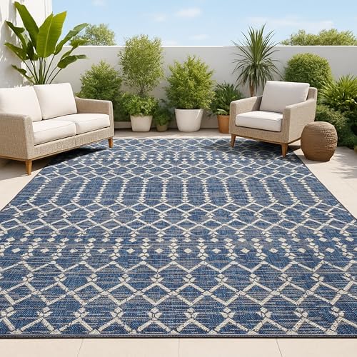 JONATHAN Y Moroccan Geometric Indoor Outdoor Area Rug 8X10 Navy/Beige, Ourika Textured Weave for Backyard, Patio, Porch, Easy-Cleaning, High Traffic, Pet-Friendly, Non-Shedding (SMB108K-8) by JONATHANY