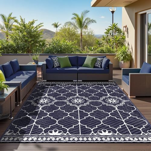 Outdoor Rug 6x9Ft, Waterproof Outdoor Patio Rug for House Deck Reversible Plastic Straw Mat for RV Camping Picnic Beach Balcony (Blue White) by Capybland