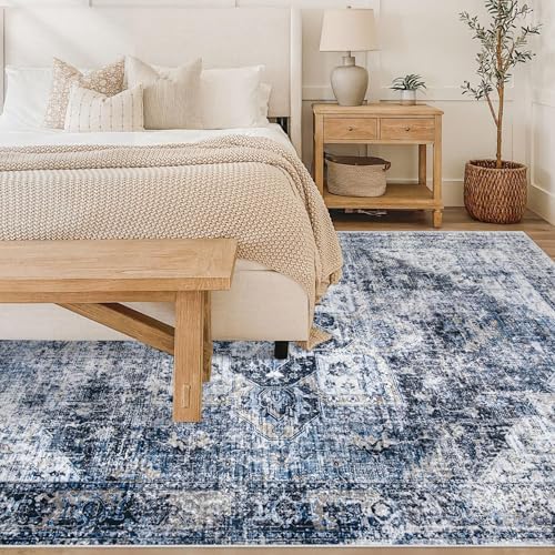 Area Rug 6x9 Washable Rug, Vintage Boho Medallion Rugs Non-Slip Soft Low Pile Large Distressed Rug Indoor Retro Carpet for Living Room Bedroom Dining Room Home Office (Blue, 6'x9') - Image 2