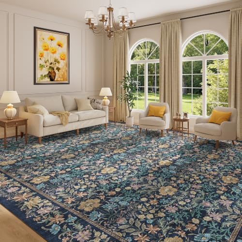 DUKINO 10x14 Rug for Living Room Washable Vintage Floral Area Rug Dark Blue - Image 2
