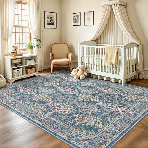 6x9 Area Rugs, Washable Floral Area Rugs for Living Room, Indoor Area Rug for Bedroom, Dining Room, Low Pile Non-Slip Non Shedding Rug(Blue Floral) - Image 5
