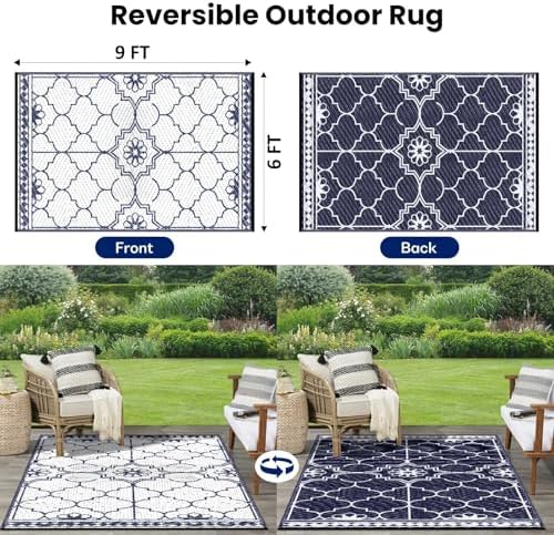 Outdoor Rug 6x9Ft, Waterproof Outdoor Patio Rug for House Deck Reversible Plastic Straw Mat for RV Camping Picnic Beach Balcony (Blue White) - Image 2