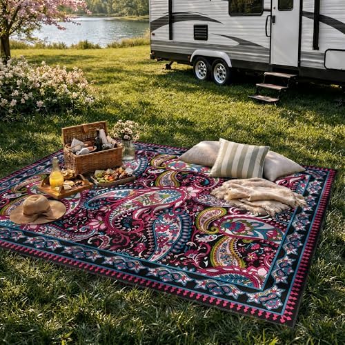 Arenarug Paisley Waterproof Outdoor Rug 8x10, UV Resistant, Magenta‌ - Image 7
