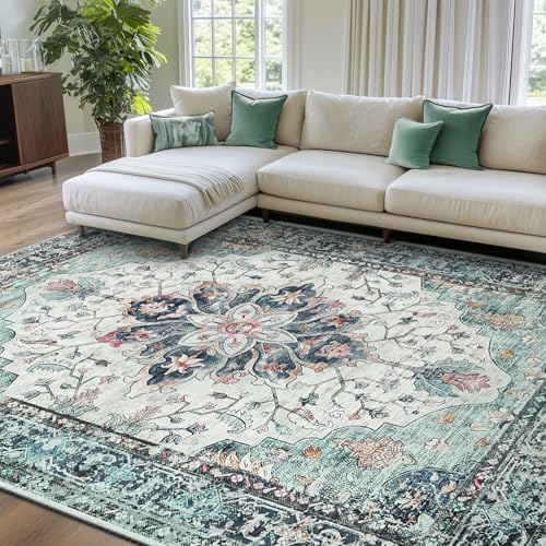 RELEANY Washable Area Rug, 7'x10', Teal Green/White/Navy by RELEANY