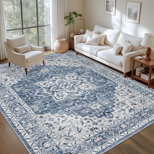 10x12 Area Rugs Living Room: Washable Boho Rug for Bedroom Blue - Image 2