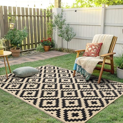 Smiry Outdoor Rug 4x6 ft Waterproof Reversible Boho Mat, Black & White - Image 6