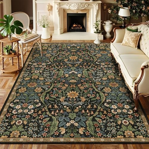 Floral Area Rug 5x7 Washable Botanical Carpet for Living Room by NakedCloud