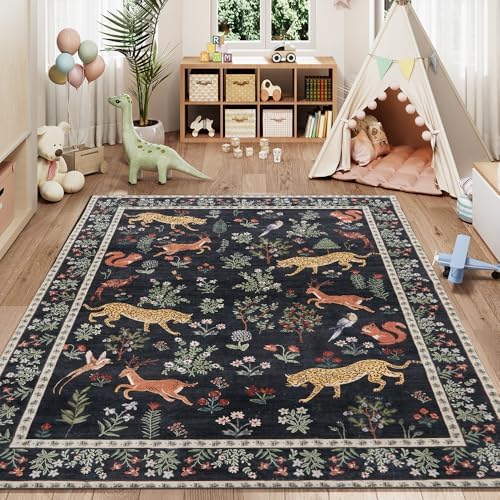 9x12 Black Animal Washable Area Rug for Living Room, Vintage Print - Image 5