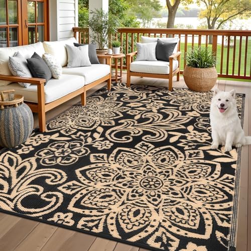 Findosom Waterproof Outdoor Rug 6' x 9' - Reversible Mandala Outdoor Plastic Straw Rug, Durable Foldable Patio Rug for RV, Deck, Balcony, Backyard, Picnic, Porch, Camping, Beach, Black by Findosom
