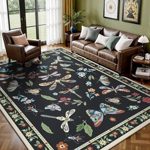 Rugs for Living Room, Insect 6x9 Washable Rug Non Slip with Rubber Back, Ultra Soft Large Area Rug for Bedroom, Dining Room, Nursery(Dark Black Butterfly) by Yarooge