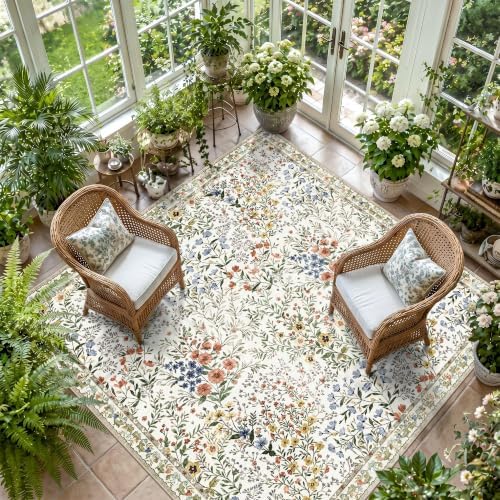 9x9 Square Area Rug Living Room, Non-Slip Floral Washable 8ft Square Rug Low Pile Thin Indoor Carpets for Dining Room Bedroom Office High Traffic Area Boho Vintage Home Decor (9ft Square, Beige) - Image 4