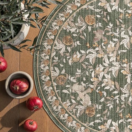 jinchan 7ft Round Rug Floral Vintage Washable Area Rug, Green - Image 2