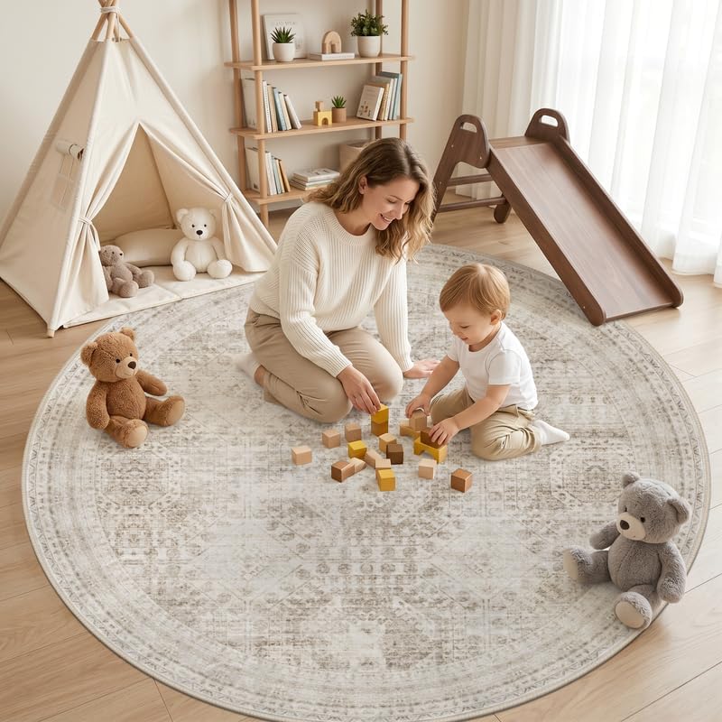 Round Area Rug Living Room: 8ft Neutral Washable Carpet Rug Brown - Image 3