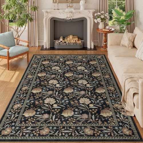 DUKINO 5x7 Area Rugs, Vintage Floral Washable Rug for Living Room, Black by DUKINO