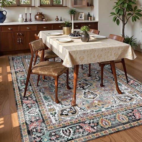 Washable Area Rug 8' x 10' Vintage Traditional Persian Mat - Foldable Distressed Non-Slip Machine Washable Carpet for Living Room Bedroom Kitchen Home Decor - Slate and Multicolor - Image 3