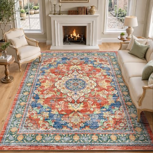 8x10 Area Rugs for Living Room, Boho Washable Non Slip Carpet, Retro Red by tubeamin