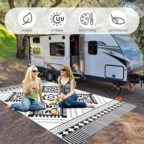 Waterproof Outdoor Rug 5x8ft, Boho Reversible Plastic Straw Mat for Patio RV Deck Porch Backyard Balcony Camping Picnic Beach Indoor Outdoor Carpet, Black&White - Image 5