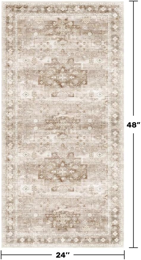 2x4 Boho Runner Rug, Neutral Farmhouse Entryway Rugs, Small Throw Runners for Hallway Bedroom Kitchen, Vintage Floral Design & Non-Slip Low-Pile Washable Stain Resistant Beige Latte - Image 2