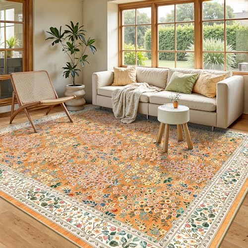 5x7 Area Rugs, Floral Washable Area Rugs for Living Room, Indoor Area Rug for Bedroom, Dining Room, Low Pile Non-Slip Nursery Rug(Orange Floral) by Yarooge