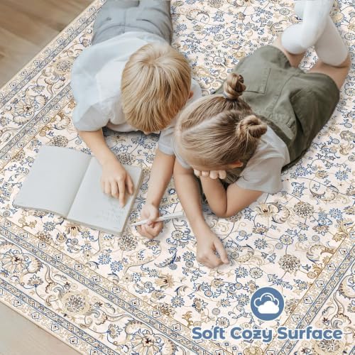 Area Rug 9x12 Washable Rug, Vintage Boho Medallion Rugs Non-Slip Soft Low Pile Large Distressed Rug Indoor Retro Carpet for Living Room Bedroom Dining Room Home Office (BeigeBlue, 9'x12') - Image 4
