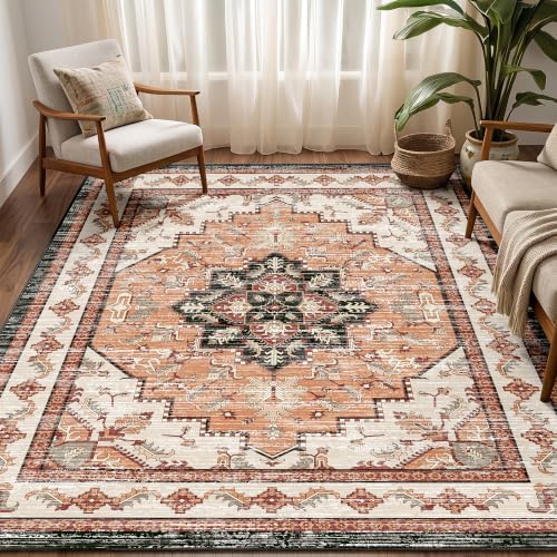 Area Rugs 5x7 Washable Non-Slip Boho Rug for Living Room, Orange by tubeamin