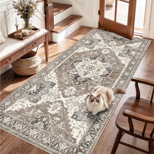 Hallway Washable 3x7 Runner Rug: Non-Slip Kitchen Rugs with Rubber Backing for Entryway Living Room Vintage Low Pile Stain Resistant Carpet for Bedroom Soft Thin Home Decor Mat for Bathroom(Beige,3x7) - Image 4