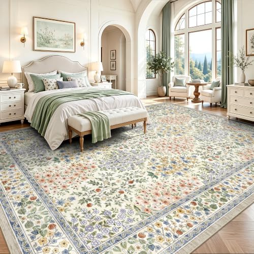 10x14 Large Area Rugs, Machine Washable Low Pile Floral Rugs for Living Room, Bedroom, Boho Style with Non-Slip Backing Nursery Rug(Beige Floral) - Image 3