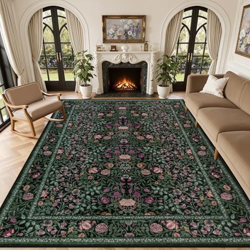10x12 Area Rug Living Room: Soft Floral Washable Carpet Green by EXPEDIX