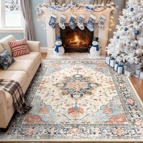 RELEANY Washable Area Rug, 6'x8', Beige/Blue/Orange by RELEANY