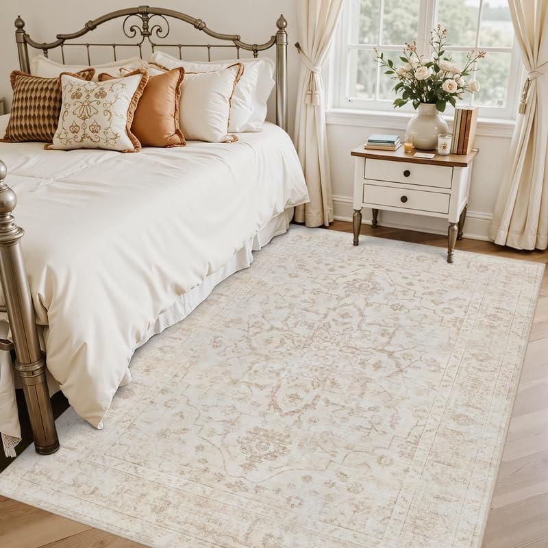 5x7 Area Rugs Living Room: Bedroom Washable Carpet Warm Beige - Image 2