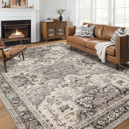 Area Rug for Living Room - 10x12 Soft Washable Oriental Vintage Floral Distressed Large Carpet - Fade Stain Resistant Non Slip Rugs for Bedroom Dining Room Nursery Dorm Office Home Decor - Brown by homewill