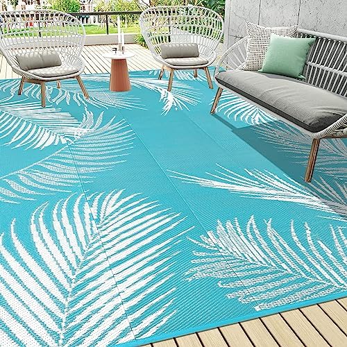 Pauwer Waterproof Outdoor Rug 9x12, Plastic Straw Patio Mat, Leaf Teal by Pauwer
