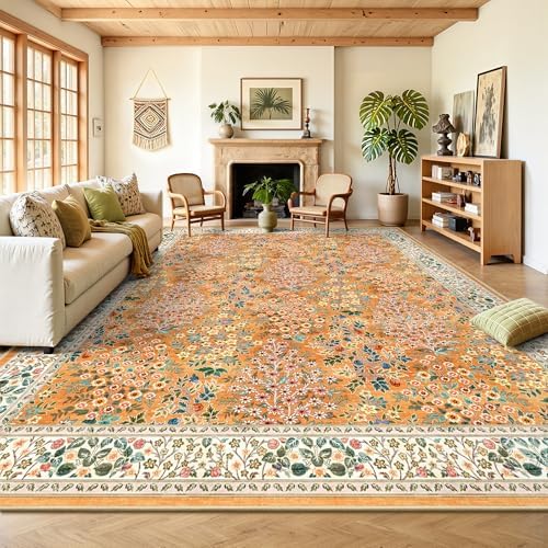 8x10 Area Rugs, Machine Washable Low Pile Floral Rugs for Living Room, Bedroom, Large Boho Area Rug with Non-Slip Backing for Dining Room(Orange Floral) by Yarooge