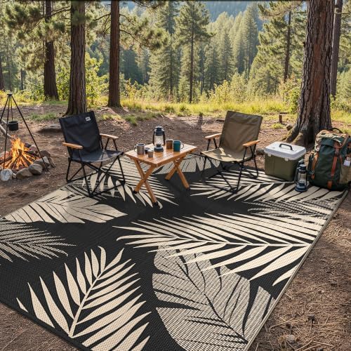 GENIMO Outdoor Rug, Waterproof Plastic Rugs for Patio, 9'x12' Black Beige - Image 6