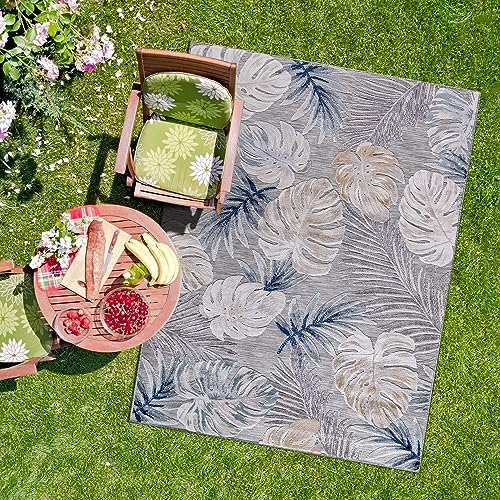 CAMILSON Indoor Outdoor Rug, Blue 6’x9’ Leaf Tropical Botanical Area Rugs for Indoor and Outdoor patios, Easy-Cleaning Non-Shedding Living Room, Garden and Kitchen Washable Outside Carpet (6x9) by CAMILSONIndoorOutdoorAreaRugs