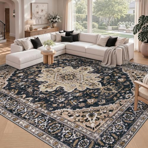Area Rug 8x10 Vintage Rugs: Large Washable Living Room Rug Retro Medallion Distressed Soft Low Pile Non-Slip Indoor Floor Carpet for Bedroom Kitchen Nursery Dining Office (BeigeBlack, 8'x10') by MXSANYOORUG