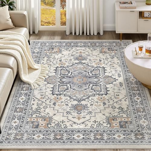 UERMEI 8x10 Area Rug Living Room Rugs - Washable Vintage Soft Large Rug Indoor Floor No Slip Rug Carpet for Bedroom Farmhouse Under Dining Table Home Office Decor - Grey-Orange - Image 2
