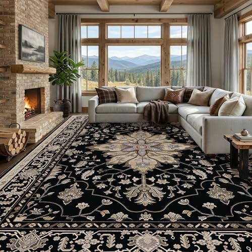 RELEANY Washable Area Rug, Large 9'x12', Black/Neutral by RELEANY