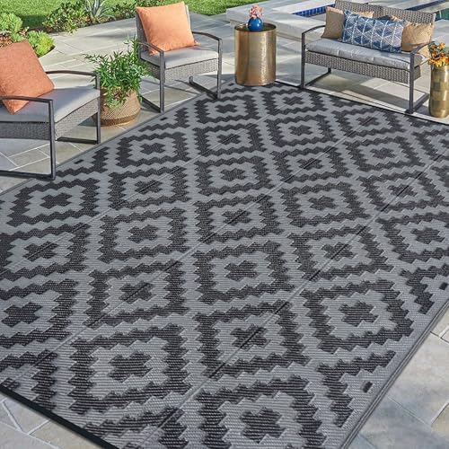 SAND MINE Waterproof Outdoor Rug 9x12 ft, Plastic Reversible Rug, Modern Area Rug, Large Floor Mat for Outdoors, RV, Patio, Backyard, Deck, Picnic, Beach, Camping, Black Grey Lattice by SANDMIND