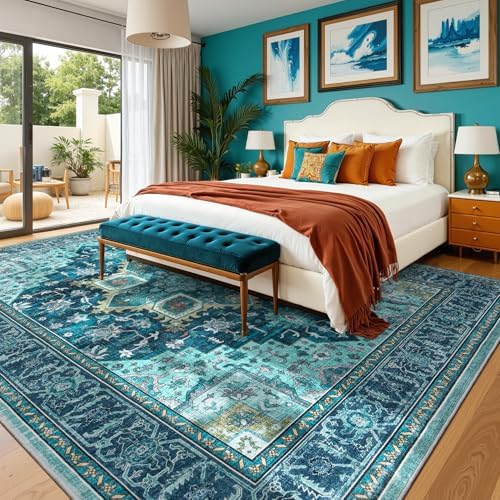 9x12 Turquoise Large Area Rugs for Living Room, Boho Washable Rug - Image 3
