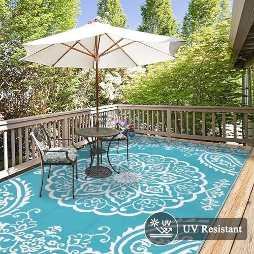Pauwer Outdoor Rug 6x9, Waterproof Plastic Straw Camping Rug, Boho Teal - Image 4
