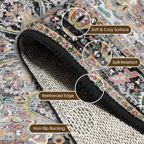Washable Area Rug 5' x 7' Vintage Traditional Persian Mat - Foldable Distressed Non-Slip Machine Washable Carpet for Living Room Bedroom Kitchen Home Decor - Slate and Multicolor - Image 6