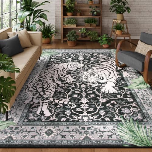 Moynesa Tiger 8x10 Area Rug, Washable Boho Rugs for Living Room, Vintage Large Soft Dining Room Rug, Non Slip Ultra Thin Stain Resistant Floor Carpet for Home Office Bedroom, Black by Moynesa