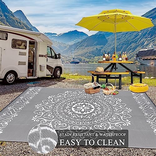 Pauwer Outdoor Rug 8x10, Waterproof Plastic Straw Camping Rug, Floral Grey - Image 5