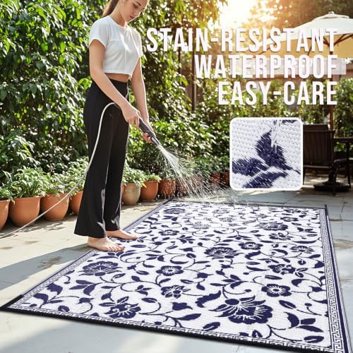 OLANLY Outdoor Rug 6x9 ft Waterproof Reversible Floral Mat, Navy & White - Image 3