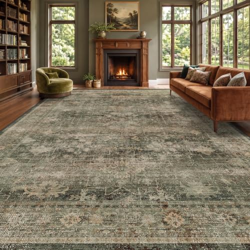 Moss Green 10x14 Extra Large Area Rug for Living Room, Vintage Washable Boho Dark Academia Distressed Geometric Floral Rug for Bedroom & Dining Room, Non-Slip Low Pile Stain Resistant by Unknown